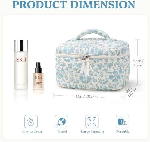 Prite Large Makeup Bag Cute Cosmetic Bag for Women Floral Coquette Aesthetic Toiletry Bag Travel Make Up Organizer Bag(Blue Flower) - Image 3