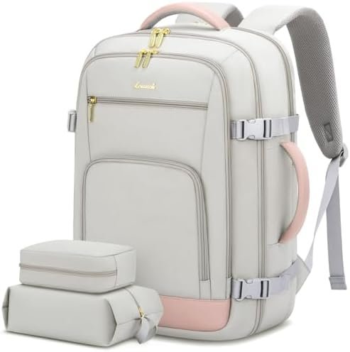 LOVEVOOK Travel Backpack For Women, 40L Carry On Backpack Flight Approved, TSA Personal Item Travel Bag Fits 17 Inch Laptop, Business Weekender Overnight Waterproof Daypack With 2 Cubes, Grey-Pink
