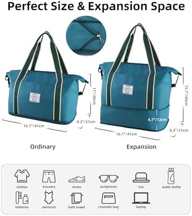WALNEW Travel Duffel Bag, Weekender Overnight Carry On Bag for Women Men, Foldable Waterproof Gym Luggage with Metal Buckle Detachable Shoulder Strap and Wet Compartment (Peacock Blue) - Image 3
