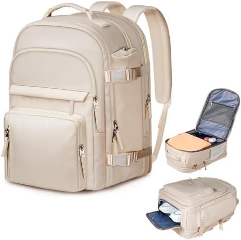 Travel Backpack for Women, Extra Large 40L Flight Approved Carry on Backpack, Expandable Weekender Bag Fit 17 Inch Notebook, College Business Casual Daypack with Shoe Bag, Beige