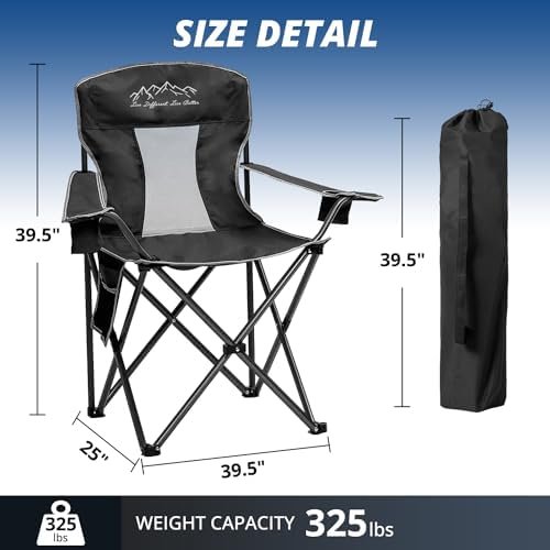2PCS Mesh Folding Camping Chairs, Oversized Portable Outdoor Chairs, Weight Capacity 325 lbs with Cup Holder, Storage Pocket, Carry Bag Black - Image 3