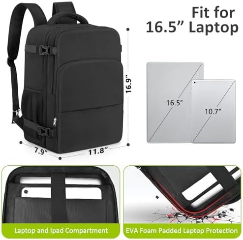 Travel Laptop Backpack, Carry On Backpack for Men Women Airline Approved, Large Waterproof College Business Work Hiking Casual Daypack Bag, Fits 16" Laptop, Black - Image 2