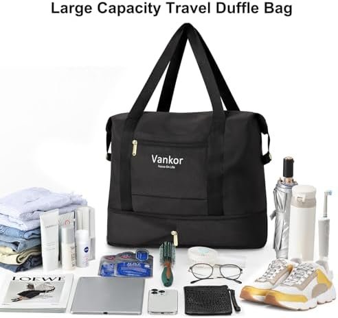 Vankor Expandable Travel Duffle Bag for Travel, Foldable Carry on Tote Bag Weekender Overnight Hosptital Bag for Men Women Lightweight Luggage Maternity Bag Black - Image 5