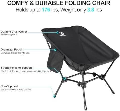 CAMEL CROWN Folding Camping Chair, Lightweight Portable Compact Lawn Chair with Side Pocket for Outdoor Travel Beach Picnic Hiking Backpacking Black - Image 5