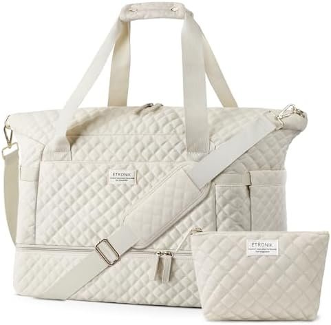 ETRONIK Travel Bag，Weekender Bags for Women，Personal Item Travel Bag with Wet Pocket，Duffel Bag for Travel with Shoes Compartment，37L Hospital Bag for Labor and Delivery (Beige)