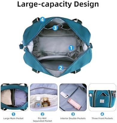 WALNEW Travel Duffel Bag, Weekender Overnight Carry On Bag for Women Men, Foldable Waterproof Gym Luggage with Metal Buckle Detachable Shoulder Strap and Wet Compartment (Peacock Blue) - Image 2