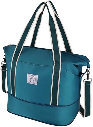 WALNEW Travel Duffel Bag, Weekender Overnight Carry On Bag for Women Men, Foldable Waterproof Gym Luggage with Metal Buckle Detachable Shoulder Strap and Wet Compartment (Peacock Blue)