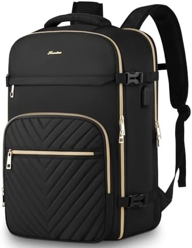 Travel Backpack for Women, Carry On Backpack for Airplanes Flight Approved, Waterproof Large Weekender Overnight Bag Fit 17 Inch Laptop with USB Charging Port, Black