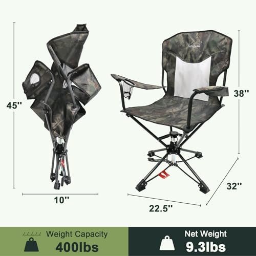 HUNTPAL 360 Degree Swivel Hunting Seat for Hunting Blinds, Foldable Steel Frame Outdoor Fishing Chair w/Armrests, Cup Holder and Carrying Shoulder Strap, Camo Water-Resistant High-Grade 600D Canvas - Image 2