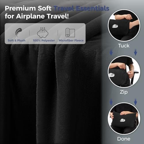 Travel Blanket Pillow with Pockets, Airplane Blanket Set, Plane Blanket Compact Packable, Flight Essentials Car Pillow - Travel Essentials Gift for Women and Men on Airplanes - Black - Image 5
