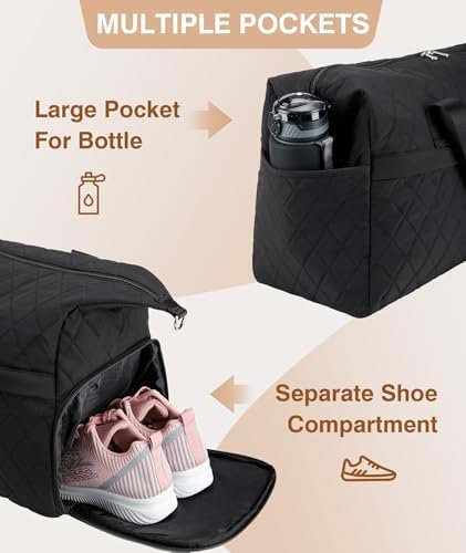 Marvolia Duffle Bag for Women - Quilted Duffel Bag for Travel Weekender Bag with Toiletry Bag Overnight Bag with Shoe Compartment Carry On Bag for Business Trips Sports - Black - Image 4