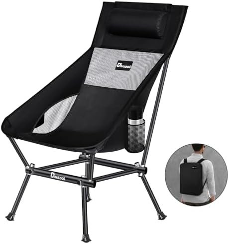 Camping Chair, Patented for Invention, Backpack, Compact Portable Folding Chair, Outdoor Camp, Lawn, Beach High Back Chair with Side Pocket, Lightweight Hiking Chair WB-ZZ (Black)
