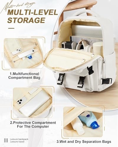Large Travel Carry on Laptop Backpack for Women Men, Expandable Flight Approved Backpack, Waterproof Sports College bag Casual Daypack for Weekender Business Hiking with Beige - Image 4