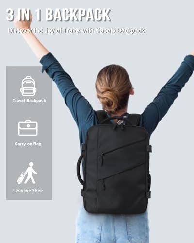 Capolo Travel Backpack for Women Men Waterproof Laptop Backpack Flight Approved Carry On Backpack Overnight Weekender Bag College Bookbag for Business, Work, Traveling Fits 15.6 '' Laptop,Black - Image 8