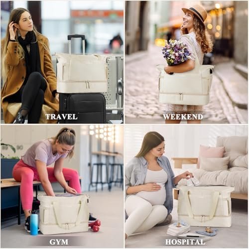 ETRONIK Gym Bag for Women, Personal Item Travel Duffel Bag with Shoes Compartment, Weekender Overnight Bag with Wet Pocket & USB Charging Port, Carry On Bag for Women, Travel, Gym, Weekend (Beige) - Image 6
