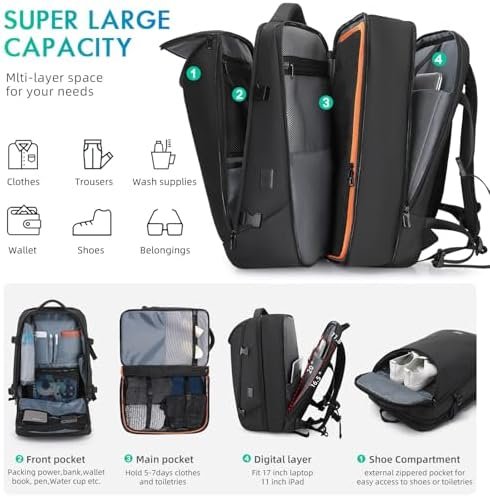 Travel Carry on Backpack 50L Expandable Flight Approved Backpacks 17.3 inch Laptop and USB Charging Port bags Water Resistant Business Back Pack for Women & Men - Image 2