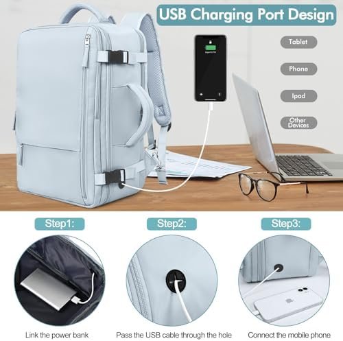 Travel Backpack for Men Women, TSA Friendly Flight Approved Carry-on Luggage Hand Backpack Underseat Personal Item, Business Work Gym Bag, Travel Essentials, Light Blue - Image 3