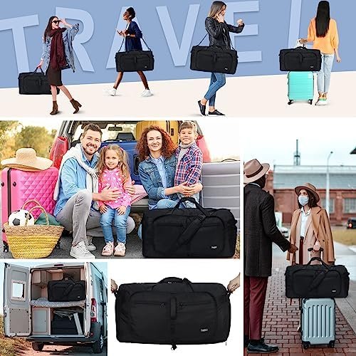 Fmeida 65L Duffle Bag with Shoes Compartment, Foldable Travel Duffel Bags for Men Women, Large Packable Travel Bag Water Repellent & Tear Resistant (Black) - Image 2