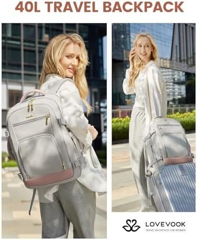 LOVEVOOK Travel Backpack For Women, 40L Carry On Backpack Flight Approved, TSA Personal Item Travel Bag Fits 17 Inch Laptop, Business Weekender Overnight Waterproof Daypack With 2 Cubes, Grey-Pink - Image 2