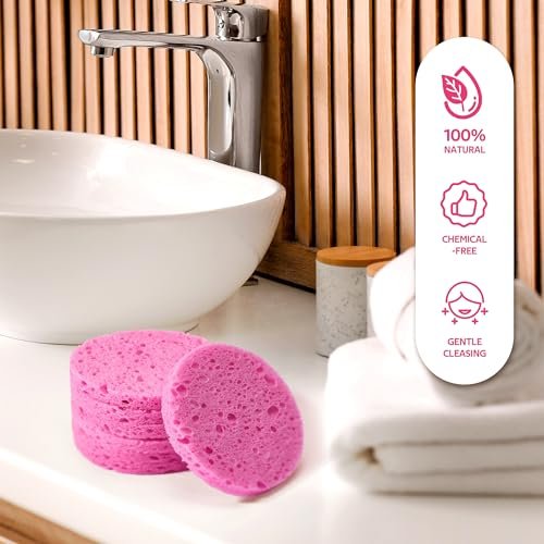 50-Count Compressed Facial Sponges for Daily Facial Cleansing and Exfoliating, 100% Natural Cosmetic Spa Sponges for Makeup Remover, Reusable, Pink - Image 7