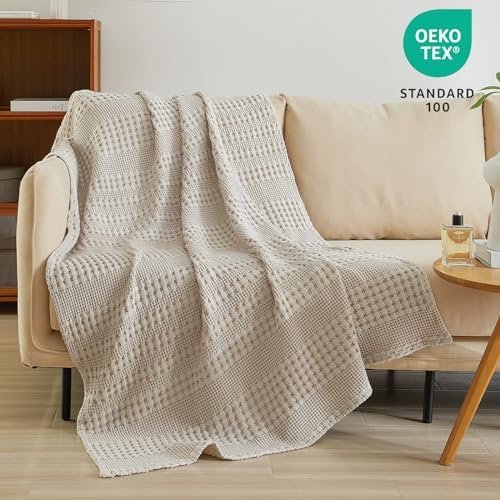 PHF 100% Cotton Waffle Weave Throw Blanket for Couch - Lightweight Washed Cotton Throw Blanket for Bed - 50"x60" Aesthetic Breathable Blanket for Room Decor & Office - Oatmeal - Image 2