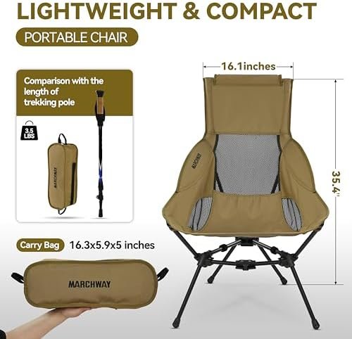 MARCHWAY Lightweight Folding High Back Camping Chair with Head Support, Stable Portable Compact for Outdoor Camp, Travel, Beach, Picnic, Festival, Hiking, Backpacking (Khaki) - Image 3