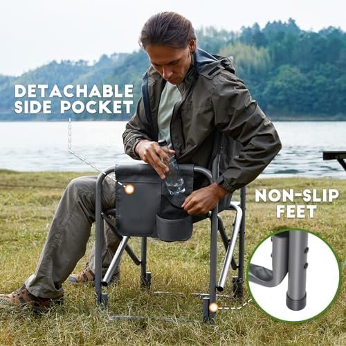 TIMBER RIDGE Lightweight Oversized Camping Chair, Portable Aluminum Directors Chair with Side Table Detachable Side Pocket for Outdoor Camping, Lawn, Picnic, Support 400lbs (Grey) Ideal Gift - Image 6
