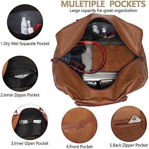 Wogarl 4PCS Leather Weekender Bag for Women Men Large Overnight Bag Travel Duffel Bag with Shoe Compartment Toiletry Satchel Bag Carry On Bag Fit 21" Laptop(Light Brown) - Image 4