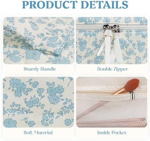 Prite Large Makeup Bag Cute Cosmetic Bag for Women Floral Coquette Aesthetic Toiletry Bag Travel Make Up Organizer Bag(Blue Flower) - Image 4
