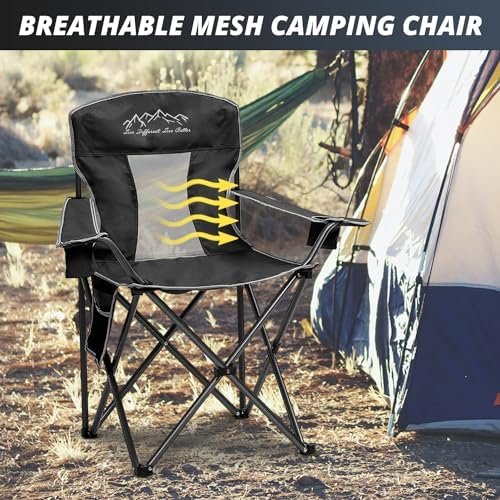 2PCS Mesh Folding Camping Chairs, Oversized Portable Outdoor Chairs, Weight Capacity 325 lbs with Cup Holder, Storage Pocket, Carry Bag Black - Image 6