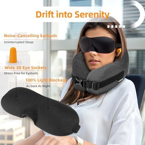Neck Pillow Airplane Travel Set - Pure Memory Foam Travel Neck Pillow, Plane Pillow for Long Flights Essentials, Sleeping Travel with 3D Contoured Eye Mask, Earplugs, Portable Bag (Gray) - Image 7