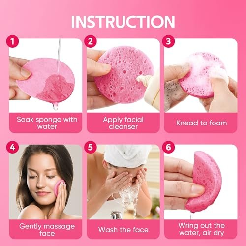 50-Count Compressed Facial Sponges for Daily Facial Cleansing and Exfoliating, 100% Natural Cosmetic Spa Sponges for Makeup Remover, Reusable, Pink - Image 3