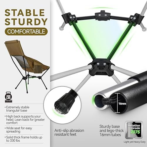 MARCHWAY Lightweight Folding High Back Camping Chair with Head Support, Stable Portable Compact for Outdoor Camp, Travel, Beach, Picnic, Festival, Hiking, Backpacking (Khaki) - Image 4