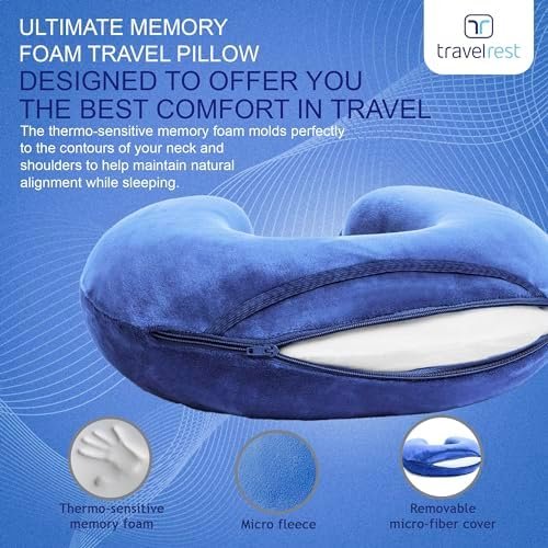 TRAVELREST - Therapeutic Memory Foam Travel & Neck Pillow - Washable Micro-Fiber Cover - Attaches to Luggage - Contours Perfectly to Your Neck and Head (2-Year Warranty) (Blue) - Image 7