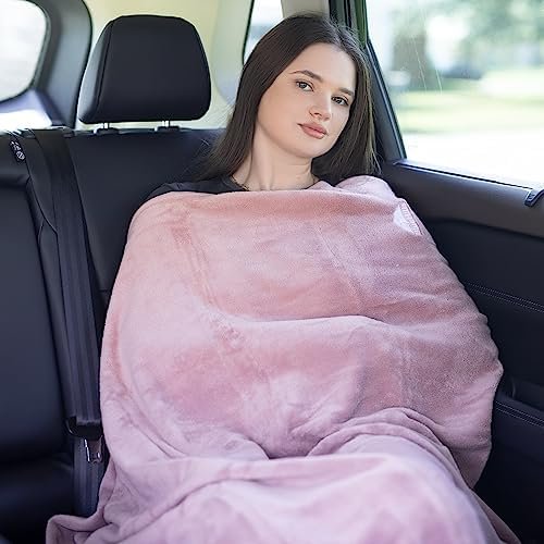 BlueHills Premium Soft Long Travel Blanket Pillow for Tall Airplane Flight Blanket 70 X48 inch Throw in Soft Bag case with Hand Luggage Belt & Backpack Clip Compact Pack Large Blanket Pink T055 - Image 4