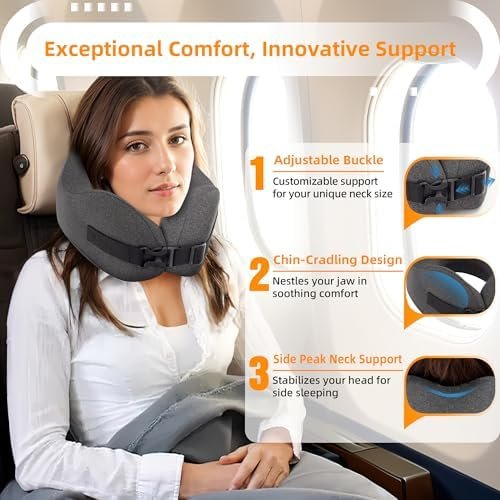 Neck Pillow Airplane Travel Set - Pure Memory Foam Travel Neck Pillow, Plane Pillow for Long Flights Essentials, Sleeping Travel with 3D Contoured Eye Mask, Earplugs, Portable Bag (Gray) - Image 2