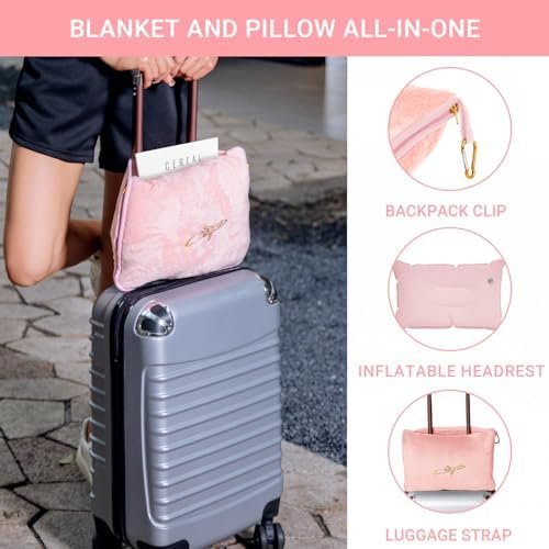 3 in 1 Travel Pillow and Blanket Set, Premium Soft 300 GSM Thick Airplane Blanket Compact with Bag for Long Trips Essentials, Hand Luggage Sleeve and Backpack Clip (Pink) - Image 3