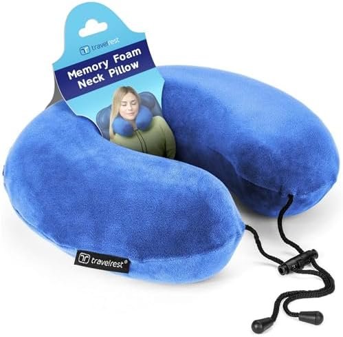 TRAVELREST - Therapeutic Memory Foam Travel & Neck Pillow - Washable Micro-Fiber Cover - Attaches to Luggage - Contours Perfectly to Your Neck and Head (2-Year Warranty) (Blue)