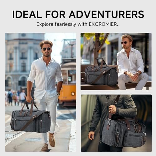Canvas Expandable Duffle Bag for Men Traveling, Luggage Travel Bag Weekender Overnight Bag,Mens Gym Carry on Duffel Bags(Dark Grey) - Image 2