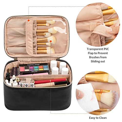 OCHEAL Makeup Bag, Portable Cosmetic Bag, Large Capacity Travel Makeup Case Organizer, Black For Women Toiletry Bag for Girls Traveling With Handle and Divider - Image 2