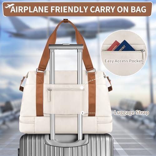 ETRONIK Weekender Bags for Women, Gym Bag with Shoes Compartment & Wet Pocket, Travel Duffel Bag with Trolley Sleeve for Personal Item Travel, Overnight Carry on Bag, Beige - Image 5