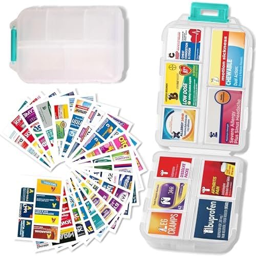 Pill Organizer with Medicine Labels Travel Daily Pill Container Mini Medication Organizer Storage Pill Organizer Travel Essentials Pill Case 7 Day Pill Organizer(White & 161 Lables)