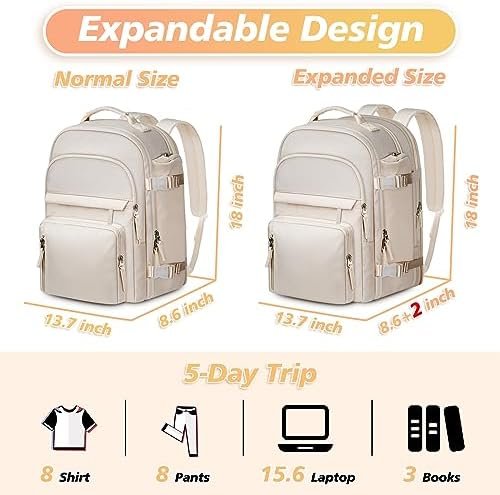 Travel Backpack for Women, Extra Large 40L Flight Approved Carry on Backpack, Expandable Weekender Bag Fit 17 Inch Notebook, College Business Casual Daypack with Shoe Bag, Beige - Image 3