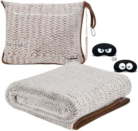 Travel Blanket and Pillow Set,Airplane Blanket Compact 2-in-1 Soft Bag,Travel Essentials for Flight,Plane Car Traveling Gift Accessories,Luggage Backpack Strap 65"x50" (Ⅰ-White Brown)