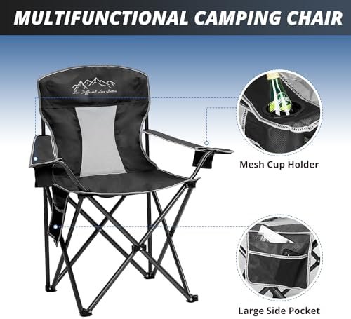 2PCS Mesh Folding Camping Chairs, Oversized Portable Outdoor Chairs, Weight Capacity 325 lbs with Cup Holder, Storage Pocket, Carry Bag Black - Image 5