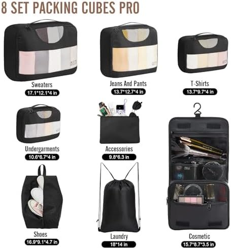 Veken 8 Set Packing Cubes for Suitcases, Travel Essentials for Carry on, Luggage Organizer Bags Set for Travel Accessories in 4 Sizes (Extra Large, Large, Medium, Small), Black - Image 2