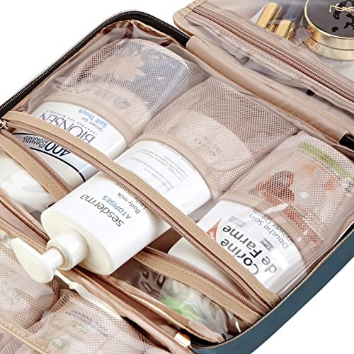 NISHEL Travel Toiletry Bag for women, Portable Hanging Organizer for Full-Sized Shampoo, Conditioner, Brushes Set, Makeup Accessories, Large Size, Lake-Blue - Image 6