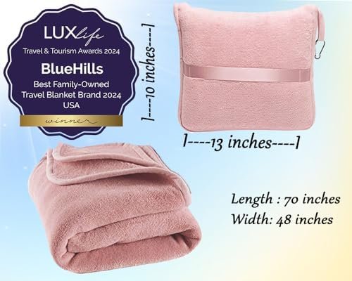 BlueHills Premium Soft Long Travel Blanket Pillow for Tall Airplane Flight Blanket 70 X48 inch Throw in Soft Bag case with Hand Luggage Belt & Backpack Clip Compact Pack Large Blanket Pink T055 - Image 3
