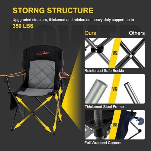 FAIR WIND 2 Pack Oversized Fully Padded Camping Chair Heavy Duty Quad Fold Arm Chair Support 350 LBS with Cup Holder, Collapsible Lumbar Back Chair Portable for Outdoor, Black - Image 4