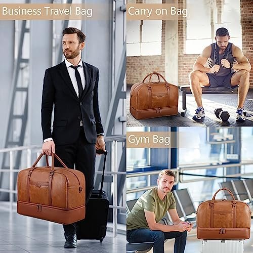 Wogarl 4PCS Leather Weekender Bag for Women Men Large Overnight Bag Travel Duffel Bag with Shoe Compartment Toiletry Satchel Bag Carry On Bag Fit 21" Laptop(Light Brown) - Image 7
